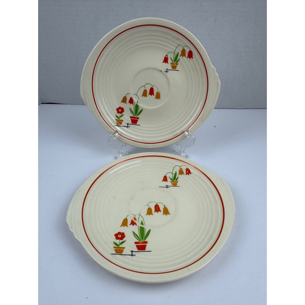Vintage Edwin M Knowles Yorktown Potted Flower Saucers Set of 2 Orange Yellow